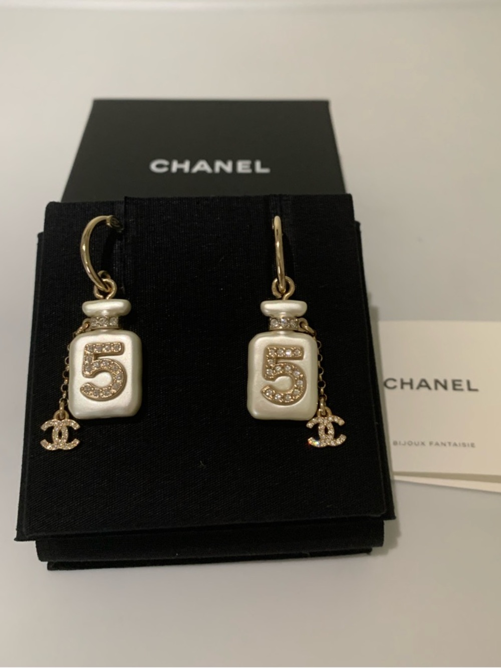 CHANEL Gold and Perfume No.5 Drop Earrings with CC Charm